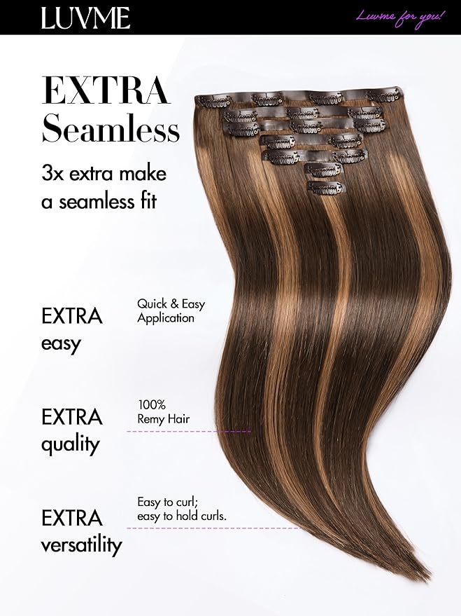 LUVME Straight Seamless 110g 7Pcs Clip in Hair Extensions Full Max with 16inch Remy Human Hair Extensions, Highlight Color 100% Real Soft