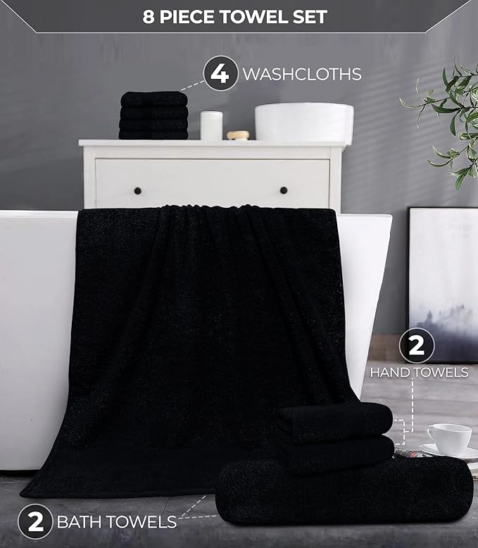Luxury 8 Piece Towel Set, 2 Bath Towels 2 Hand Towels 4 Washcloths, Towels for Bathroom, Home, Spa & Gym - Highly Absorbent Ultra Soft Quick-Dry (Black)