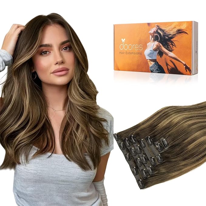 DOORES Hair Extensions Real Human Hair, Chocolate Brown to Caramel Blonde 7pcs 14 Inch 110g, Seamless Clip in Hair Extensions Human Hair Extensions Invisi Edge Hair Extensions Straight Hair