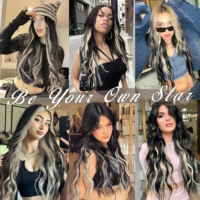 BARSDAR Wavy Clip in Hair Extensions - 20 Inch Highlight Clip in Hair Extensions for Women - 5PCs Thick Soft Synthetic Loose Wave Balayage Extensions Hairpieces – Dark Brown with Highlights