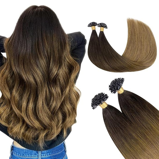 GOO GOO U Tip Hair Extensions - Real Human Hair, 24inch 50g 50S, Hot Fusion U Tip, Invisible Remy, Chocolate Dip Color Melt