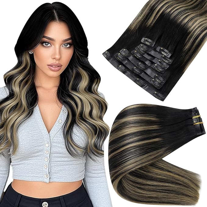 Full Shine Human Hair Clip in Extensions Black Balayage Seamless Clip ins Hair Extension With PU Weft Black Ombre Caramel Blonde Invisible Hair Extension Longevity 20 Inch 120 Grams 8 Pcs