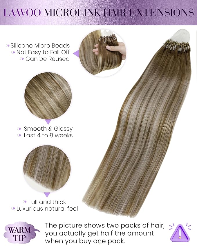 LaaVoo Microlink Hair Extensions Balayage Micro Loop Hair Extensions Real Human Hair Ombre Ash Brown Fading to Platinum Blonde 50g/50s 22inch
