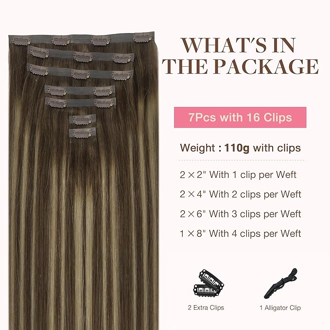 GOO GOO Clip in Hair Extensions Real Human Hair, Remy Human Hair Extensions Clip ins for Women, Natural Human Hair, 22inch 110g 7Pcs, 4/26/4 Balayage Chocolate Brown to Honey Blonde