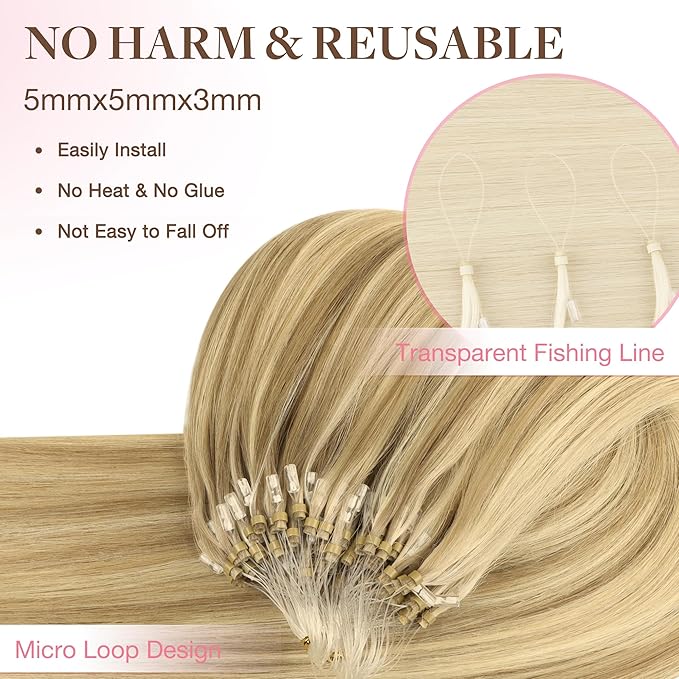 GOO GOO Micro Link Tip Hair Extensions, Real Human Hair, 20inch 50g 50S, Cold Fusion, Invisible Remy, 16/22 Light Blonde Highlighted Golden Blonde