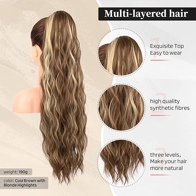 FLUFYMOOZ Ponytail Extension, 26 Inch Drawstring Ponytail Hair Extensions for Women， Long Curly Wavy Ponytail Natural Wavy Synthetic Hairpiece for Women (26 Inch Cool Brown with Blonde Highlights)