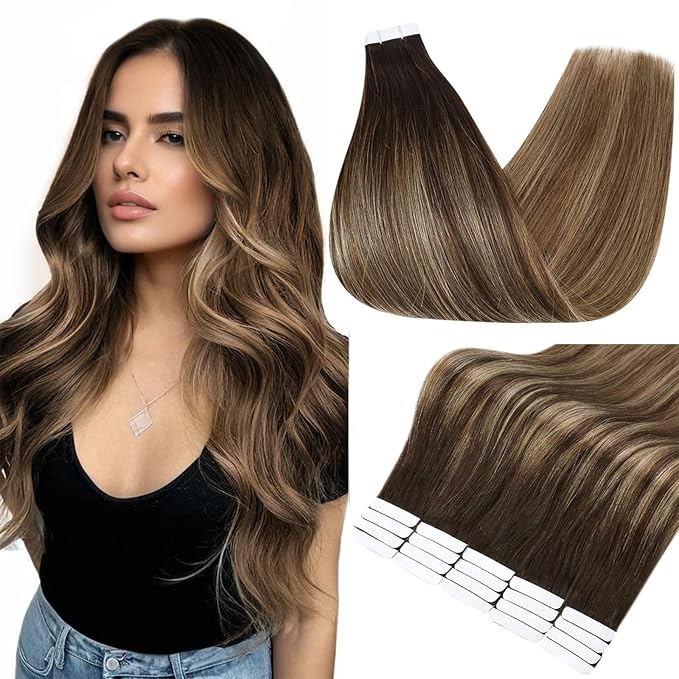 Full Shine Tape in Real Hair Extentions 20 Inch Remy Hair Extensions Balayage Ombre Extensions Color 2 Fading to 3 And 27 Honey Blonde Tape in Hair Extensions Human Hair 50 Grams 20 Pcs Add Volume