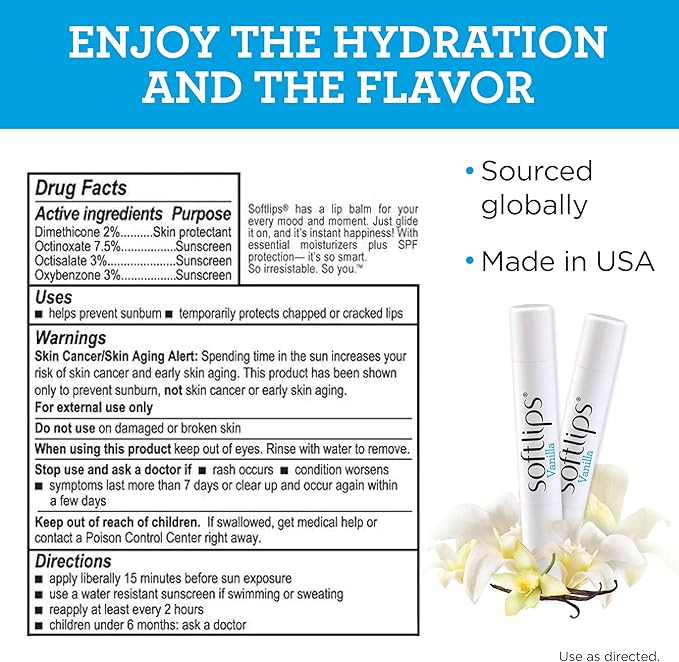 Softlips Daily Lip Moisturizer for Dry Lips, Vanilla Flavored Lip Balm, SPF 20 (12 Twin Packs for 24 Slim Sticks Total)