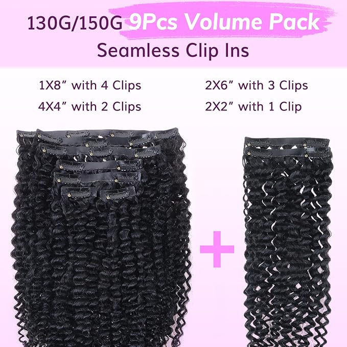 IDN BEAUTY Seamless Clip In Hair Extensions Real Human Hair Natural Black Kinky Curly Clip Ins For Black Women 14 Inch 130g PU Weft Invisible Soft Edge Seamless Blending Thick Ends 9Pcs