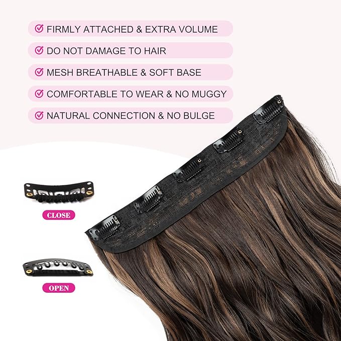REECHO 20" 1-pack 3/4 Full Head Curly Wave Clips in on Synthetic Hair Extensions HE008 Hair pieces for Women 5 Clips 4.5 Oz Per Piece - Chocolate Brown with Highlights