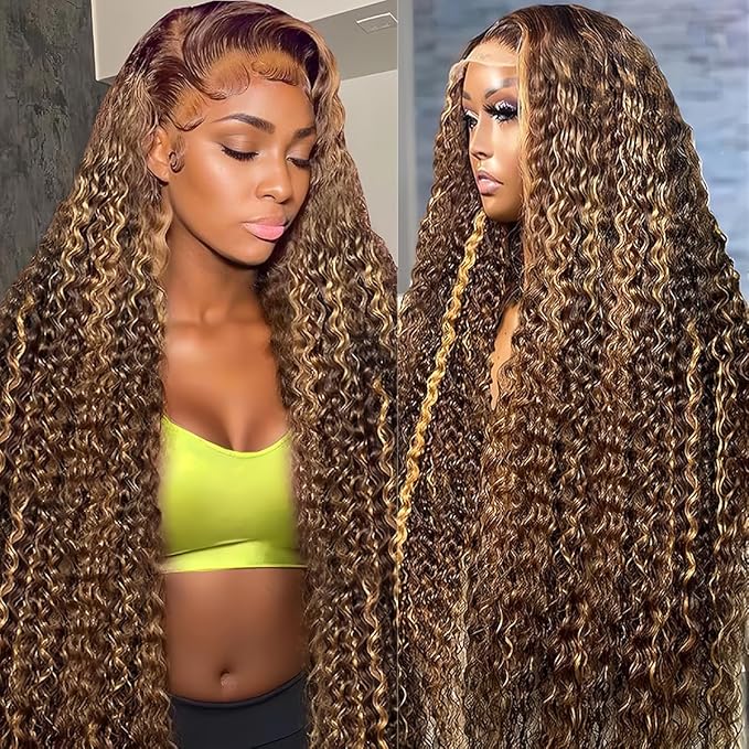 34 Inch 200% Density Highlight Ombre Deep Wave Lace Front Wigs Human Hair 4/27 Colored Honey Blonde Human Hair Wig 13x6 HD Lace Front Wig Pre Plucked