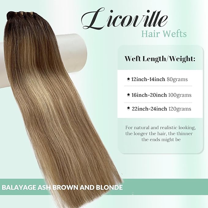 Light Blonde Highlight Hair Extensions Sew in Bundles Human Hair Ombre Brown to Ash Brown and Blonde Weft Extensions Hand Tied 24 Inch 120G Straight Balayage Sew in Real Human Hair Wefts for Women