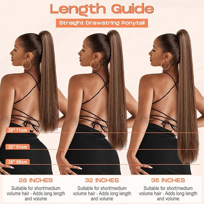 SEIKEA 28" Drawstring Ponytail Extensions Long Straight Fake Pony Tail Natural Soft Clip in Hair Extension Synthetic Heat Resistant Hairpiece - Chocolate Brown with Caramel Blonde Highlights