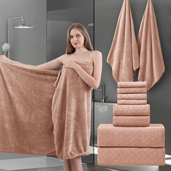 8-Piece Bath Towels Set,2 Oversized Large Bath Towel Sheet,2 Hand Towels and 4 Washcloths - 600 GSM Soft Microfiber Highly Absorbent Quick Dry Shower Towel Collection for Bathroom Hotel and Spa,Orange