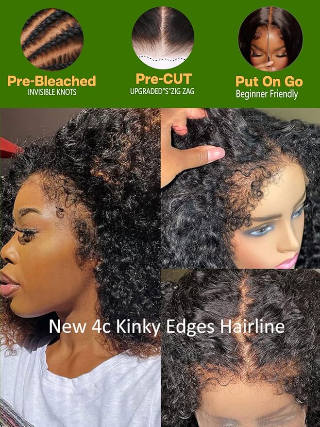 Sunber Bye Bye Knots 4C Kinky Curly Pre Cut Lace 7x5 Lace Front Glueless Curly Put On Go 3S Wear Afro Curly Human Hair Wig Pre Bleached Invisible Knots 150% Density Pre Plucked with Baby Hair 18Inch