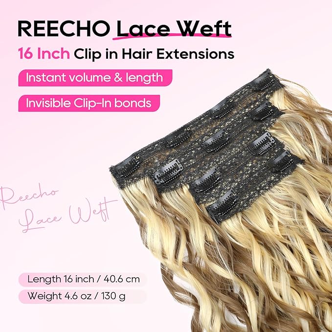 REECHO Curly Hair Extensions, 4PCS 16 inch Clip in Hair Extensions Lace Weft Short Curly Extension Clip Ins Invisible Natural Hairpieces for Women, Dark Ash Brown with Highlights