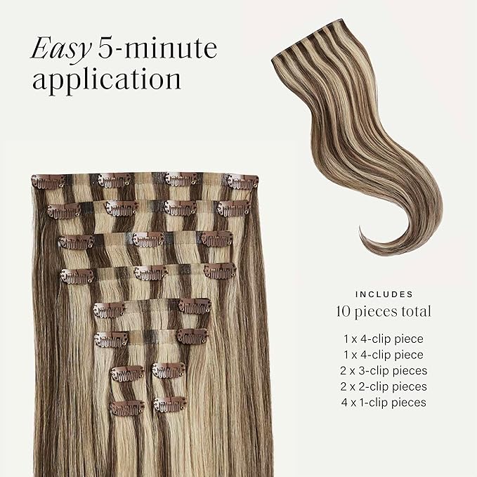 Luxy 100% Remy Human Hair - Seamless Clip-In Hair Extensions - Multi-Dimensional Color for Natural Blending, Adds Volume & Length 240 grams 24" Ash Brown Highlights
