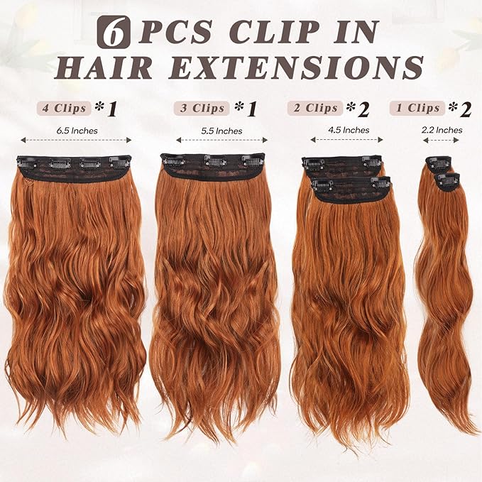 BARSDAR Ginger Copper Clip in Hair Extensions - 16 Inch 6PCs Full Head Beach Wavy Clip in Hair Extensions for Women - Voluminous Thick Soft Synthetic Hairpieces Daily Party Halloween- Ginger Copper