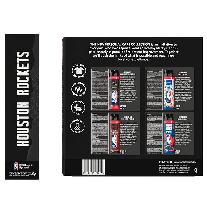Above NBA – Houston Rockets Deodorant Gift Set – A Giftable Set for Rockets Fans – Antiperspirant Spray, 4 Signature Scents, 72h Protection, Dry Spray, No Stains – 5.07 oz, Pack of 4