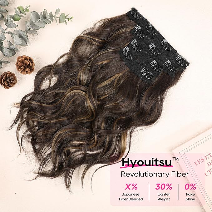 REECHO Clip in Hair Extensions - 14" Short Beach Wavy Hairpieces with Invisible Lace Weft - Dark Brown with Highlights