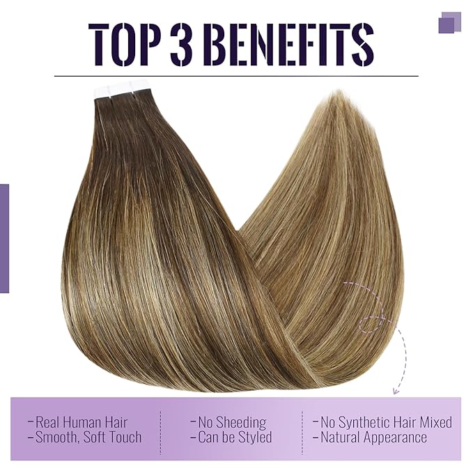 Fshine Human Hair Balayage Tape in Hair Extensions Brunette to Medium Brown and Caramel Blonde Ombre Extensions Adhensive 20 Inch 20 pcs 50 g,for Moms & Busy Moms