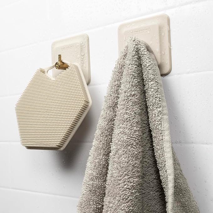 TOOLETRIES Arnold Silicone Shower Hook 2 Pack - Toiletries Organizer, Silicone Hooks, Removable & Reusable Shower Accessories - Sand