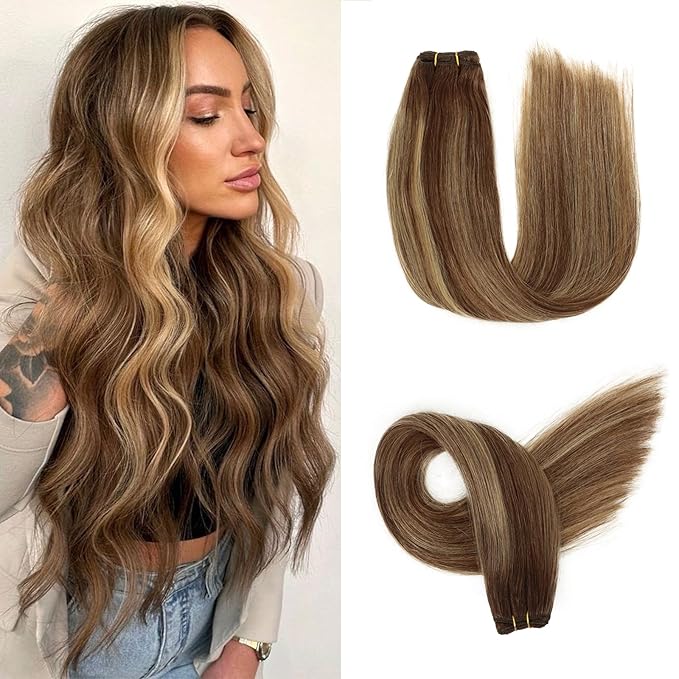 Sew in Hair Extensions Real Human Hair, 110g 18 inch Ombre Color 4/27/4 Balayage Chocolate Brown to Caramel Blonde Double Weft Weave Bundles Remy Human Hair Extensions Straight