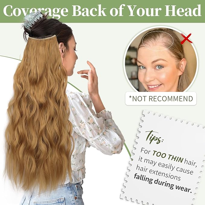 KooKaStyle Invisible Wire Hair Extensions with Transparent Headband Adjustable Size 4 Secure Clips Long Wavy Secret Wire Hairpiece 24 Inch for Women(Medium Reddish Blonde)
