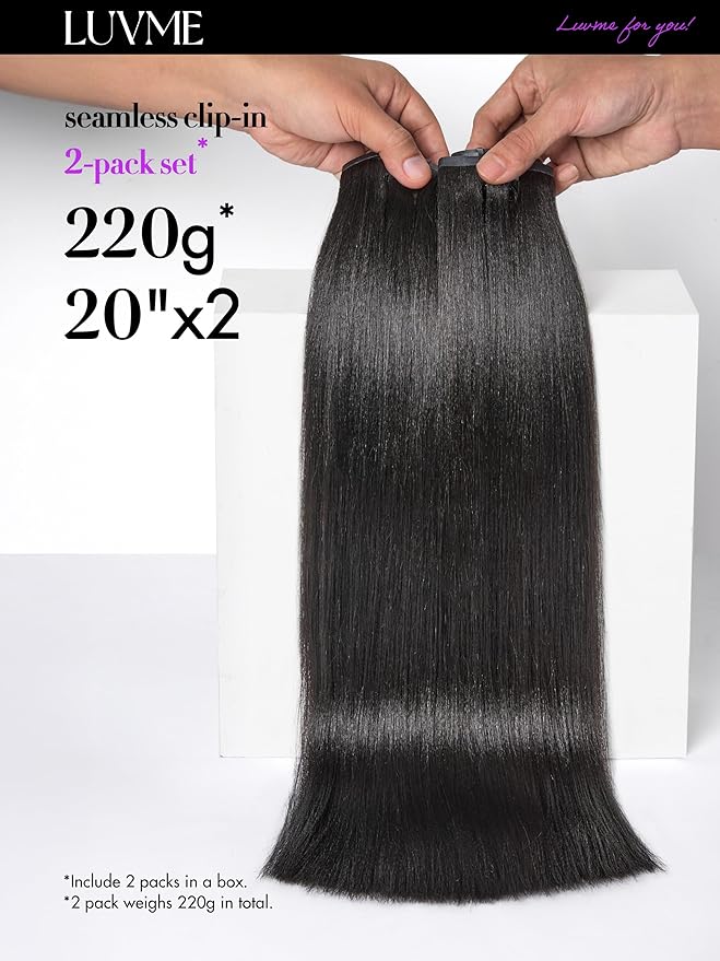 LUVME Yaki Straight LUVME Seamless 2 Pack 220g 14Pcs Clip in Hair Extensions Full Max with 16inch Remy Human Hair Extensions, Natural Black 100% Real Soft Human Hair