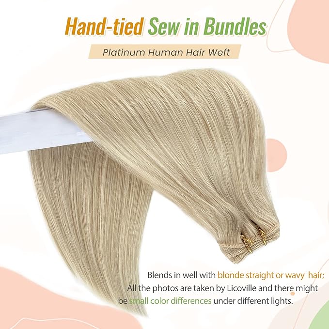Licoville Sew in Hair Wefts Human Hair Bundles Blonde Double Weft Straight Human Hair Hand Tied Extensions 16 Inch 100grams Thick Full Platinum Sew in Hair Extensions for Blonde Hair