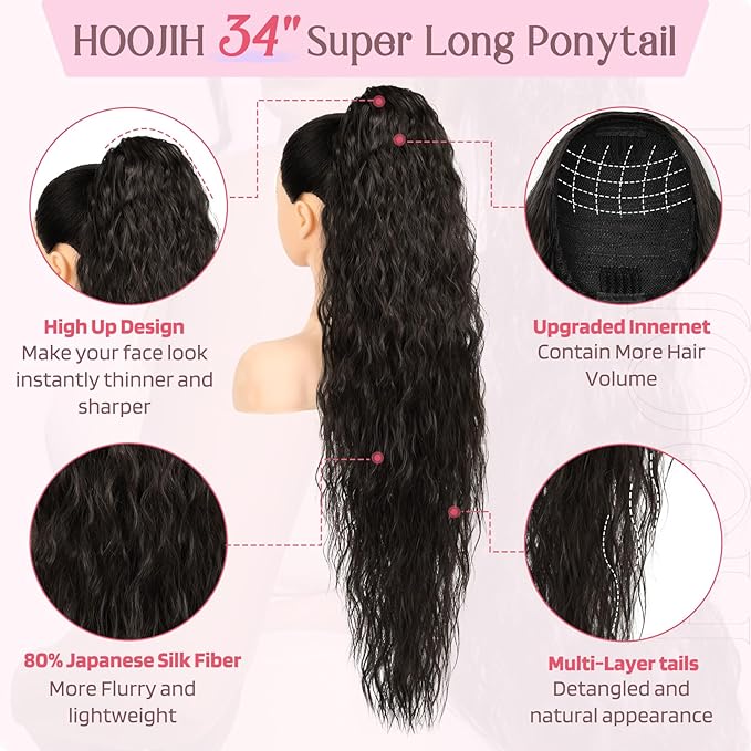 HOOJIH Ponytail Extension, 34 Inch Extra Long Drawstring Ponytail Black Brown Pony Tails Hair Extension Flurry Wavy Ponytails Soft Upgraded Synthetic Fiber Fake Ponytail Hairpiece for Women