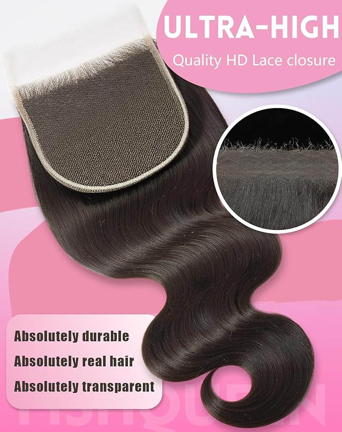 5x5 HD Lace Closure Skinlike Transparent Frontal 100% Real HD Lace Body Wave Human Hair 16Inch 0.095mm Ultra-Thin Invisible Swiss Lace Closure Only Bleached Small Single Knots Raw Human Hair
