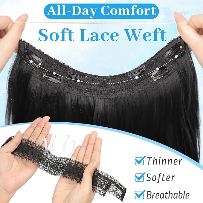 KooKaStyle Invisible Wire Hair Extensions Long Wavy Layered Synthetic Hair Extensions with Transparent Wire Adjustable Size 6 Secure Clips Black Hairpieces for Women 20 Inch