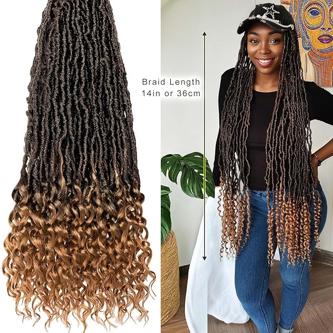 36" Nu Locs Crochet Hair Curly Ends Gradient Brown, Pearl Baseball Cap Wigs for Women Girls Easy Styling