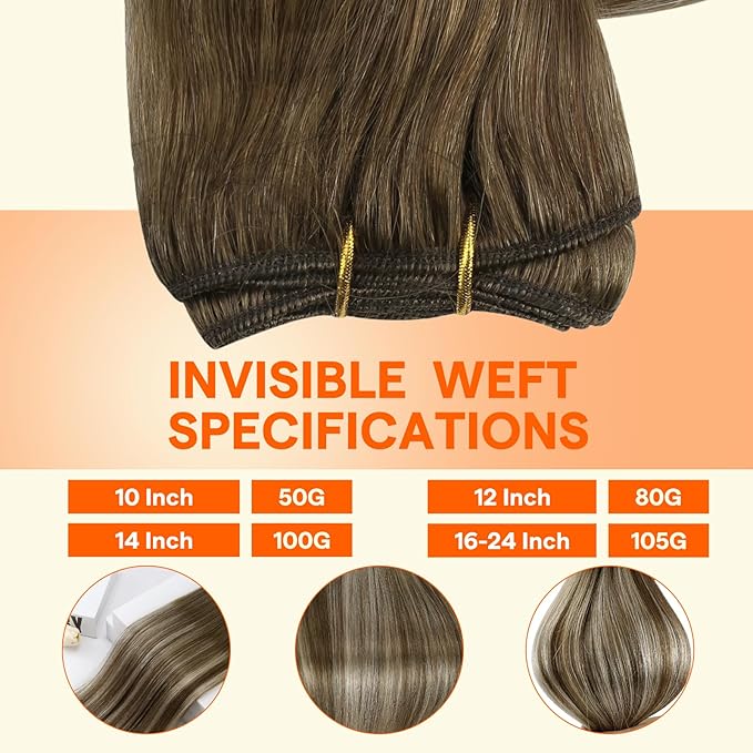 Full Shine 20 Inch Human Hair Extensions Sew In Hair Extensions Real Human Hair Color Chestnut Brown Fading To Platinum Blonde Mix Brown Hair Weft Sew In Weft Extensions For Women 105G