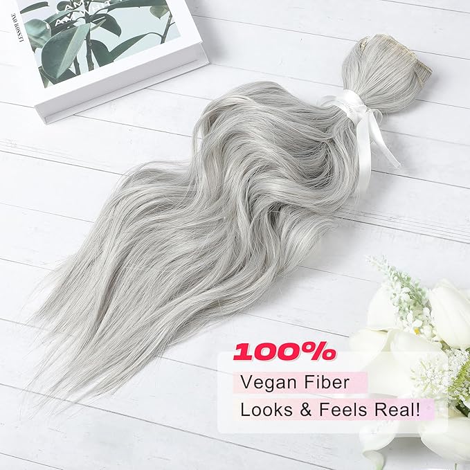 Hair Extensions, 14" Short Clip in Hair Extensions 4PCS Beach Wave Blonde Natural Soft Synthetic Hairpiece for Women - Silver Grey