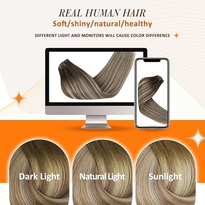 Full Shine Ombre Clip in Hair Extensions Human Hair Light Blonde Mix Light Brown Seamless Human Hair Clip in Extension for Short Hair Thick Ends 12 Inch 8 PCS 95 G