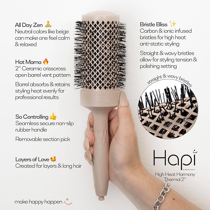 Cricket Hapi High Heat Harmony Thermal Brush - 2" Ceramic Barrel, Round Brush for Heat Styling with Hair Dryer, Mood-Friendly - Beige