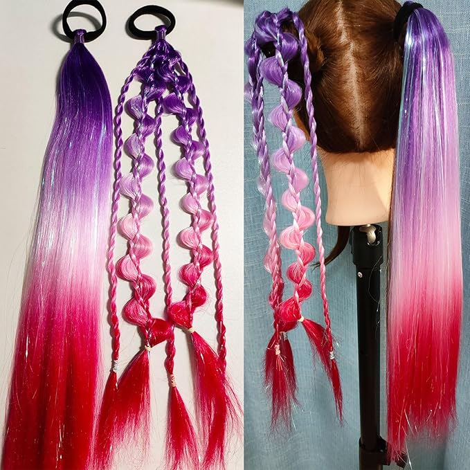 Colored Hair Extensions for Braids Ombre Ponytail Extension Colorful 2 Packs, 20 inch Crazy Hair Day Accessories for Women, DIY Festival Wacky Rave Braids,Tinsel Mixed