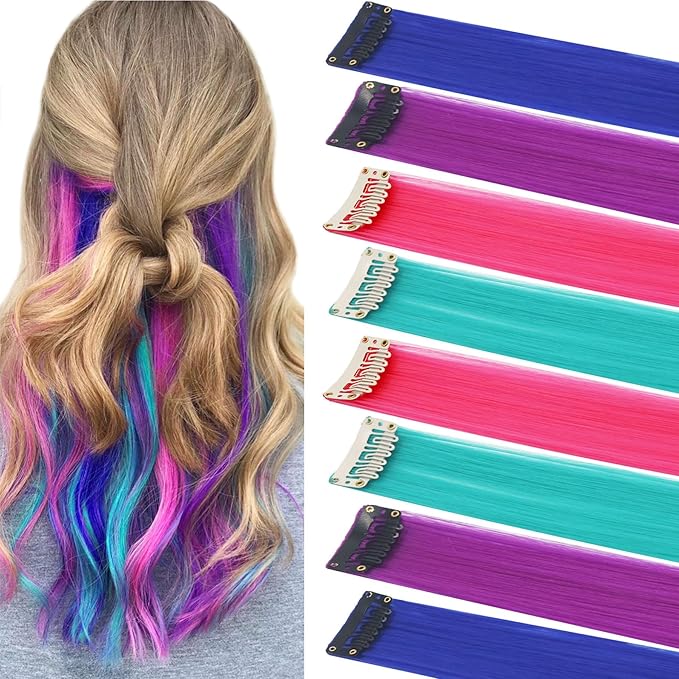 Rhyme 8 Pcs 21 inch Colored Hair Extensions Clip in For Girls Women Hair Accessories Wig Hairpieces Christmas birthday Gift Cosplay Hairstyles (Pink Purple Blue Teal)