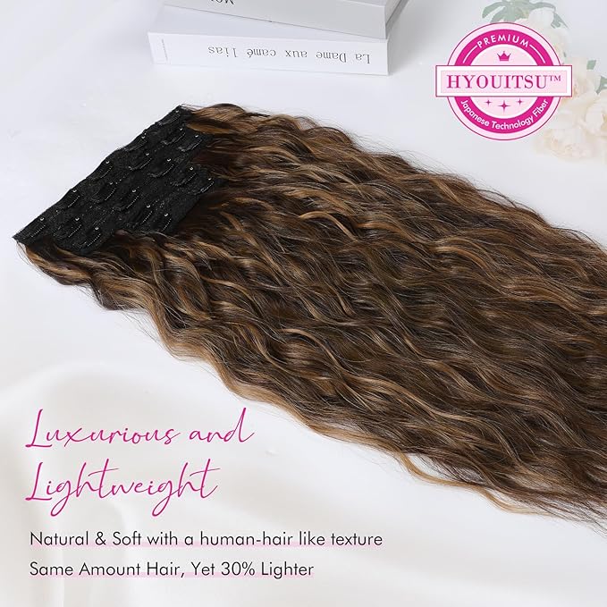 REECHO Clip in Hair Extensions, 5PCS Ash Blonde Hair Extensions 24" Thick Long Loose Waves hair extensions HE002 Invisible Lace Weft – Chocolate Brown with Golden Highlights