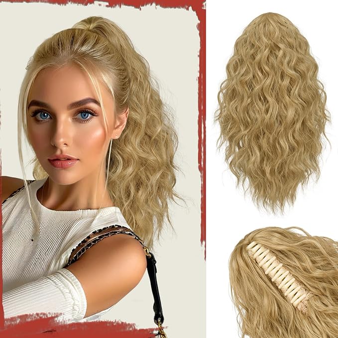 SOFEIYAN Ponytail Extension, 16 inch Claw Clip Ponytail Extension Wavy Curly Ponytails Synthetic Pony Tails Hair Extensions Natural Fake Hairpiece for Women - Blonde&Gold Highlights