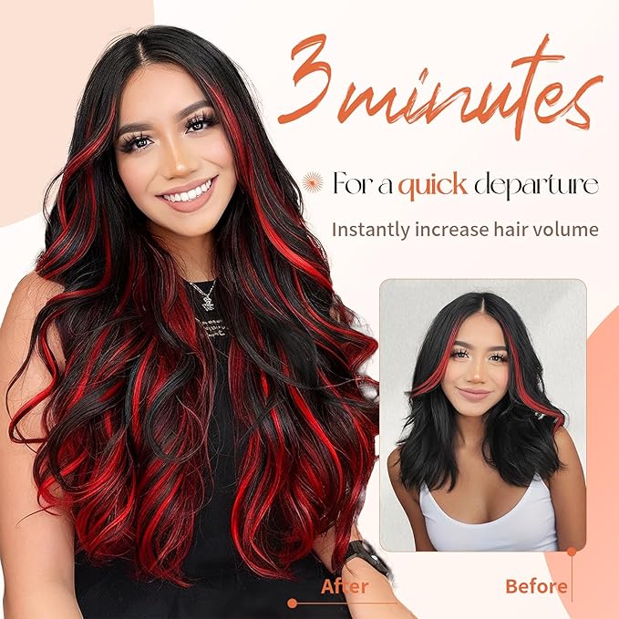 Kookastyle Clip in Hair Extensions 4 pcs Natural Long Synthetic Curly Hairpieces Layered Soft Invisible for Women Black Mix Red Highlights 20 Inch