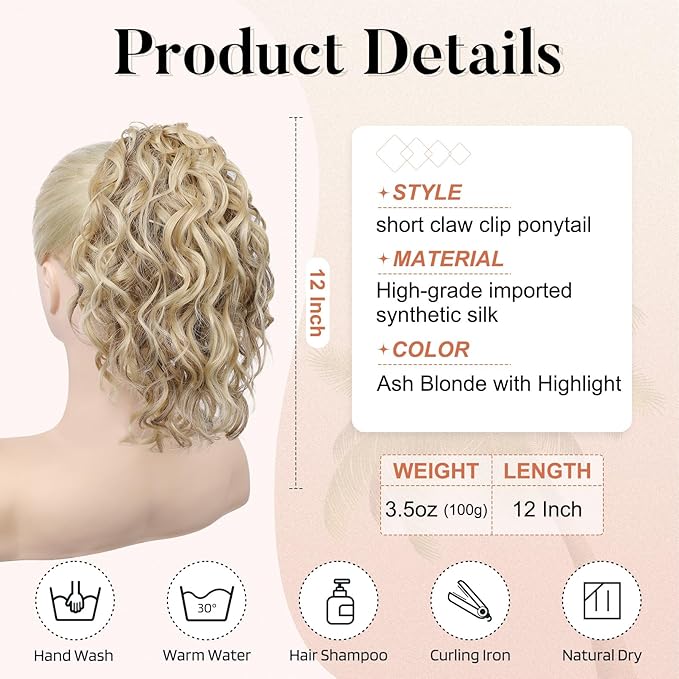 Flufymooz Ponytail Extension, 12" Short Claw Ponytail Extension Wavy Curly Jaw Clip in Pony tails Hair Extension Natural Synthetic Hairpiece for Women (Ash Blonde with Highlight)