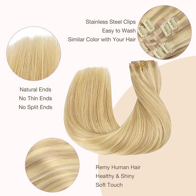 GOO GOO Clip in Hair Extensions Real Human Hair, Remy Human Hair Extensions Clip ins for Women, Natural Human Hair, 18inch 110g 7Pcs, 18D/22F Dirty Blonde Highlights