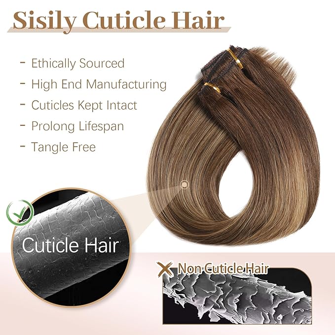 Sisily Clip in Hair Extensions Real Human Hair, Premium Human Hair Clip in Extensions Chocolate Brown to Blonde Balayage, Soft Straight Hair Extensions Real Human Hair Clip ins 7PCS （18 Inch）