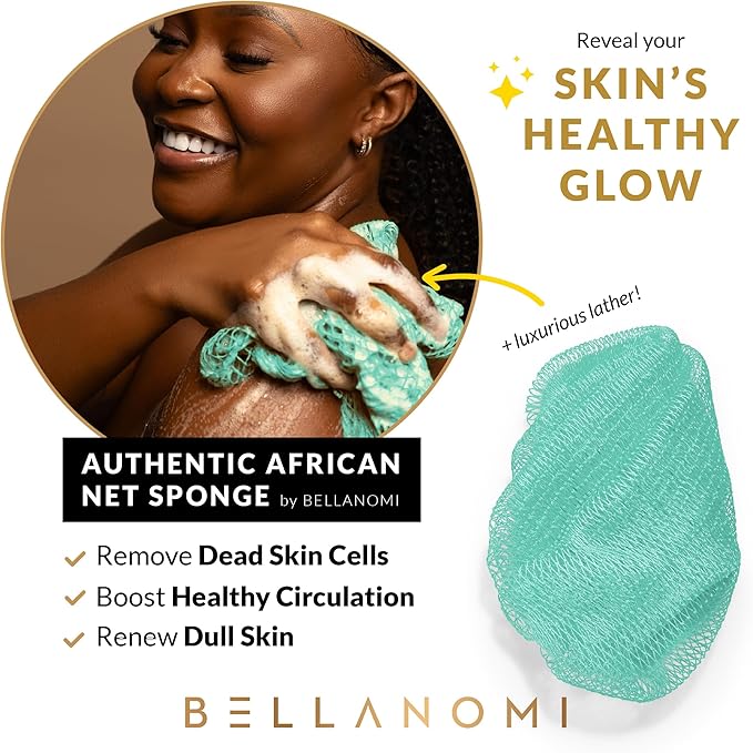 BELLANOMI 4 Piece African Exfoliating Net Sponge Long African Bath Sponge, Authentic Ethically Sourced from Nigeria, Great for Daily Use (Blue, White, Seafoam,Navy Blue)