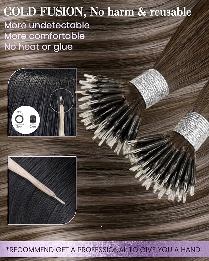 LaaVoo Nano Tip Human Hair Extension, 18 Inch, Balayage Brown to Ash Blonde, 50g, 50 Pieces, Silky Straight, Microlink, Nano Tip, Remy Hair