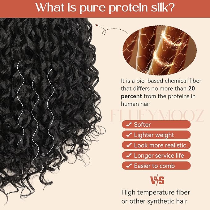 FLUFYMOOZ Clip in Hair Extensions, 18'' 4PC 100％ Pure Protein Silk Curly Hair extension for Women Lace Weft Hairpiece Natural Soft and comfortable for Daily Use-Black Brown