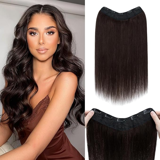 Benehair One Piece 5 Clips in Hair Extensions Human Hair 3/4 Full Head V Shaped Weft Thick Lace Net For Women (16"-65g #2 Dark Brown)